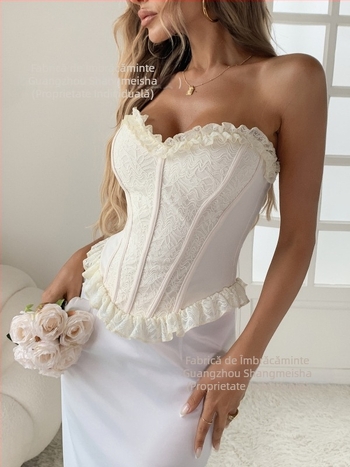 Top fără bretele, cu panouri de dantelă, stil street, croială slim, lungime scurtă 40–50 cm, model floral, material: spandex 90–95% cu poliester sub 30%