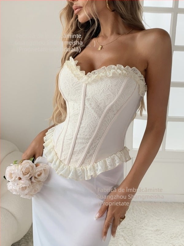 Top fără bretele, cu panouri de dantelă, stil street, croială slim, lungime scurtă 40–50 cm, model floral, material: spandex 90–95% cu poliester sub 30%