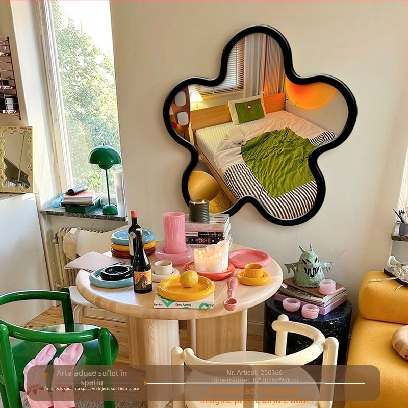 Tablou-oglindă cu flori – stil crem Instagram, oglindă fără ramă pentru masă/beauty, cu artă abstractă pe plăcuță din material artificial, potrivit pentru sufragerie sau dormitor