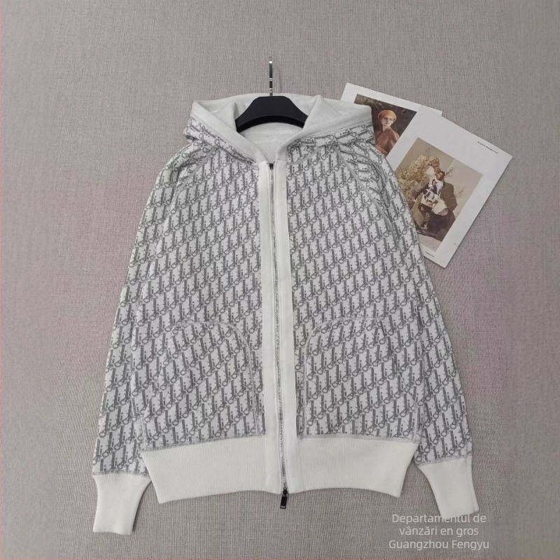 Cardigan cu glugă și fermoar, imprimare pe ambele fețe, model romb