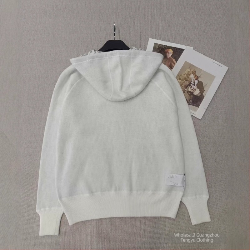 Cardigan cu glugă și fermoar, imprimare pe ambele fețe, model romb