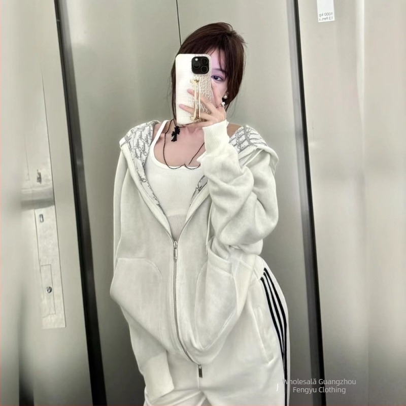 Cardigan cu glugă și fermoar, imprimare pe ambele fețe, model romb