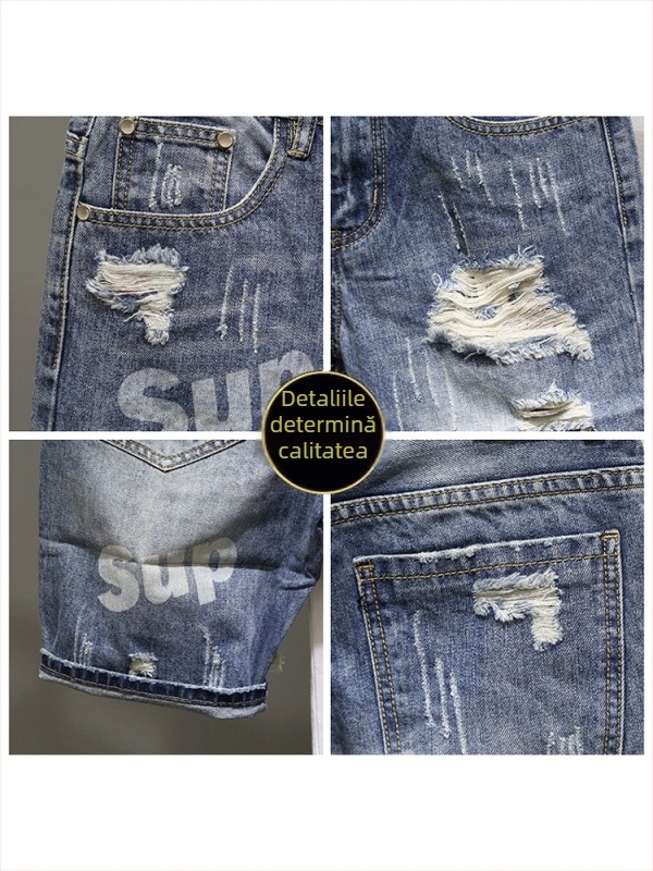 Șorturi denim pentru bărbați, slim-fit, uzură/distressed, talie medie, stil coreean, hip-hop