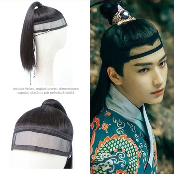 Perucă masculină Hanfu VM74 — păr lung, fibre rezistente la temperaturi ridicate, nu pentru vopsire cu temperaturi mari, stilizare