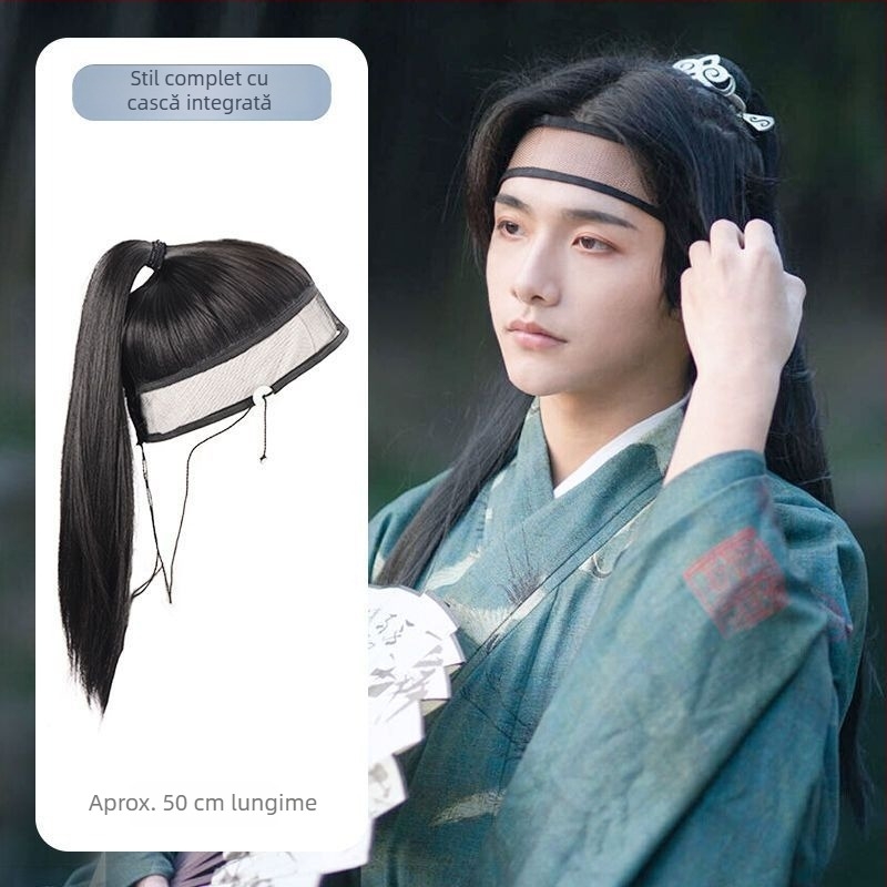 Perucă masculină Hanfu VM74 — păr lung, fibre rezistente la temperaturi ridicate, nu pentru vopsire cu temperaturi mari, stilizare