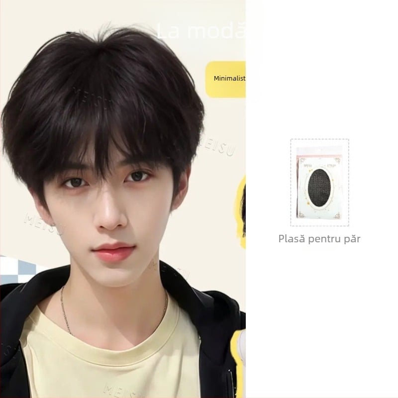 Perucă pentru bărbați, păr din mătase rezistentă la temperaturi înalte, breton drept, tehnologie mecanică, nu poate fi vopsită sau permed