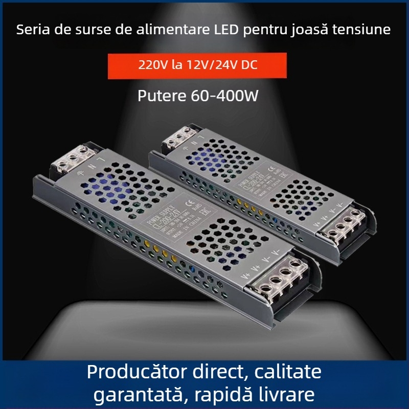 Sursă de alimentare LED cu tensiune constantă, intrare 220V AC, ieșire 12–24V DC, până la 16,6A, 400W, protecții: suprasarcină, scurtcircuit, supratensiune, supraîncălzire, supracurent