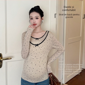 QYQY Bluza maternă cu mânecă lungă, model Nebula cu buline, guler rotund, țesătură chenille cu amestec de bumbac (<30% bumbac), stil casual japonez/coreean
