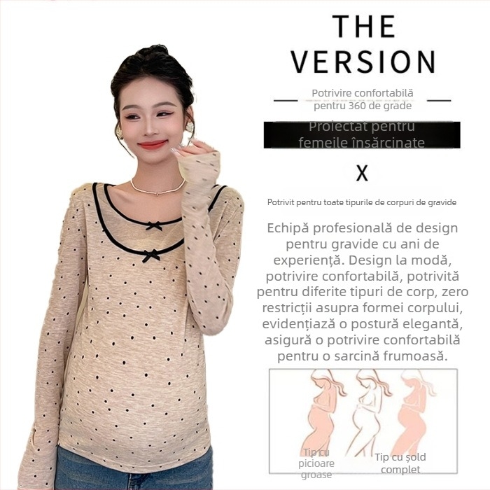QYQY Bluza maternă cu mânecă lungă, model Nebula cu buline, guler rotund, țesătură chenille cu amestec de bumbac (<30% bumbac), stil casual japonez/coreean