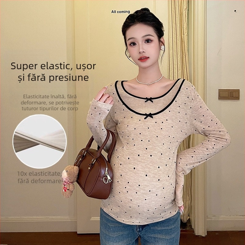 QYQY Bluza maternă cu mânecă lungă, model Nebula cu buline, guler rotund, țesătură chenille cu amestec de bumbac (<30% bumbac), stil casual japonez/coreean