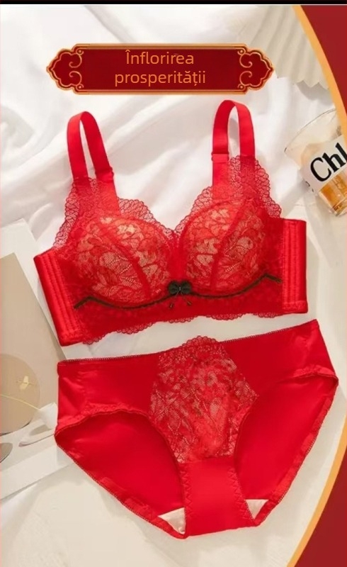 Set de lenjerie pentru nuntă în stil tradițional chinezesc, fără inele metalice; cupă 3/4; cupă modelată: subțire sus, gros jos; bretele fixe duble; închidere spate cu patru rânduri.