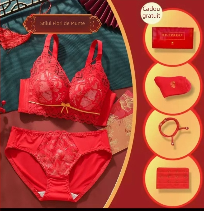 Set de lenjerie pentru nuntă în stil tradițional chinezesc, fără inele metalice; cupă 3/4; cupă modelată: subțire sus, gros jos; bretele fixe duble; închidere spate cu patru rânduri.