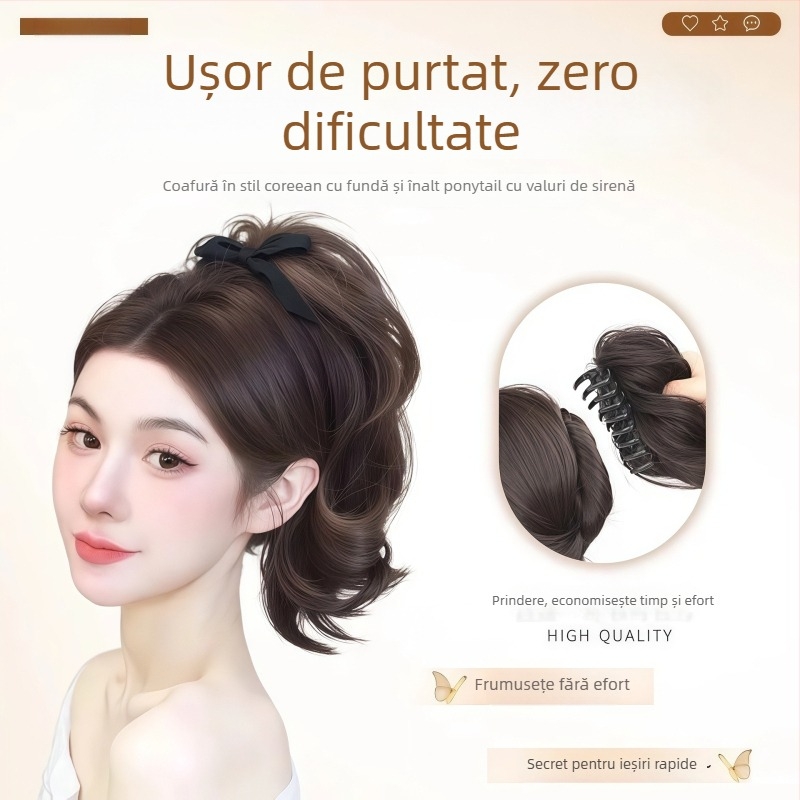 Păr artificial cu coadă prinsă prin clips | Valuri mari, păr de mătase rezistent la temperatură, mecanism de atașare, nu poate fi vopsit sau îndreptat