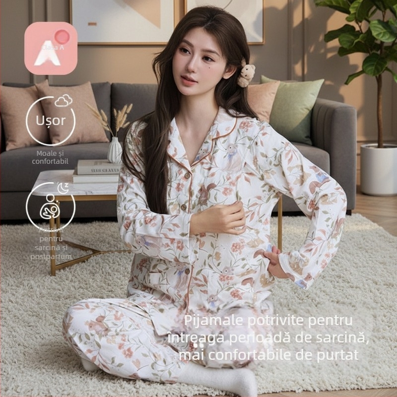 Set de pijamale maternitate din bumbac 100% tricotat, cu pernă pentru sân, reglabil, pentru alăptare – iarnă, primăvară și toamnă