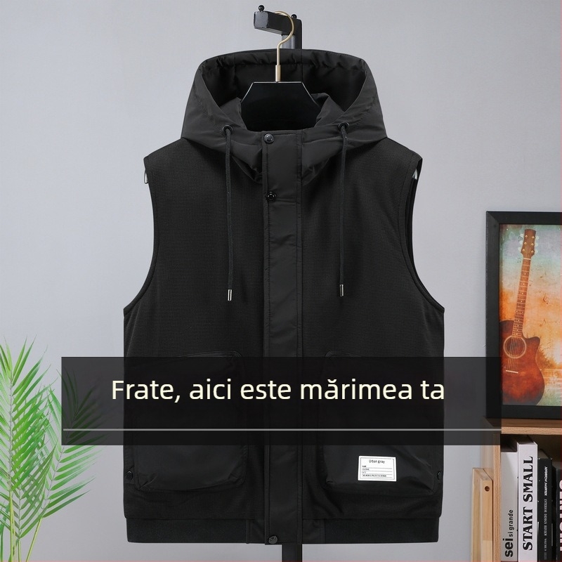 Vesta cu glugă, umplutură din bumbac, croială lejeră, țesătură poliester, stil tineresc, buzunare patch Mingji-line, toamnă 2024.