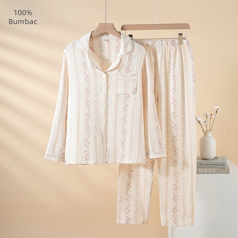 Pijamale pentru femei din bumbac 100%, set în stil simplu casual, țesătură subțire, mâneci lungi, pantaloni lungi