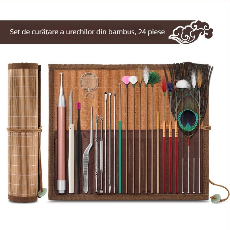 Lingură pentru urechi - fără iluminare - Haifu, oțel inoxidabil, bambus și lemn - pachet de 100 buc.