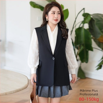 Vestă de costum pentru femei, croială slim, lungime medie, guler de costum, închidere cu un nasture, material nylon-spandex