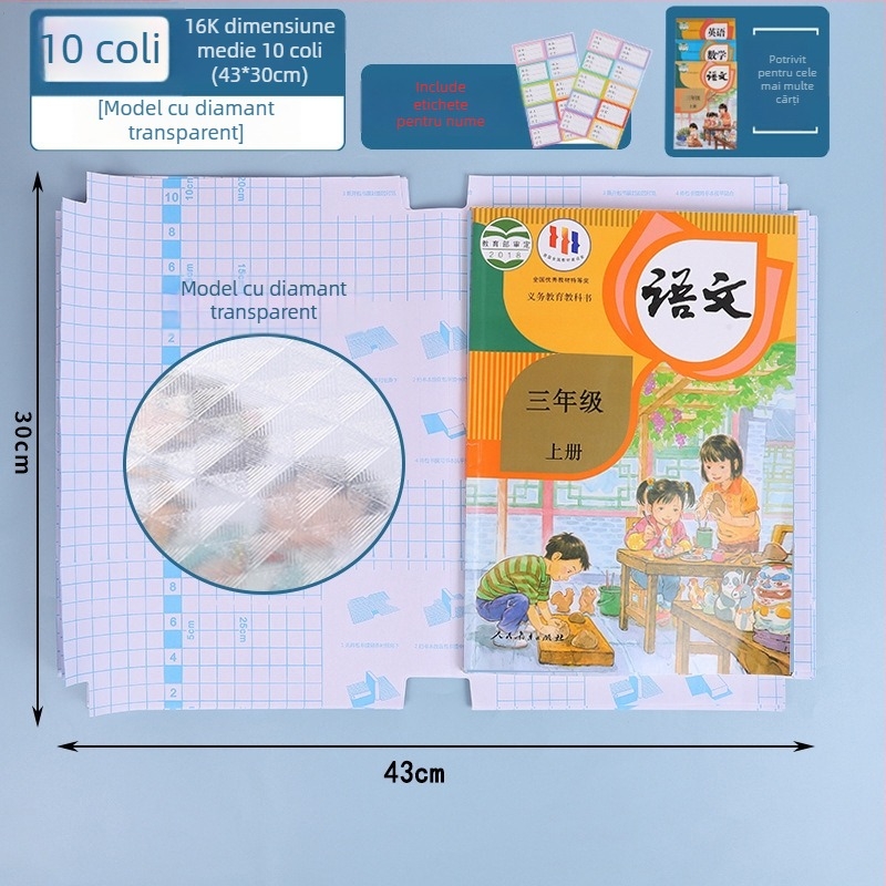 Husă de carte transparentă, autoadezivă, cu model diamant, rezistentă la apă și antiderapantă, cu adeziv pe bază de apă, pentru elevi