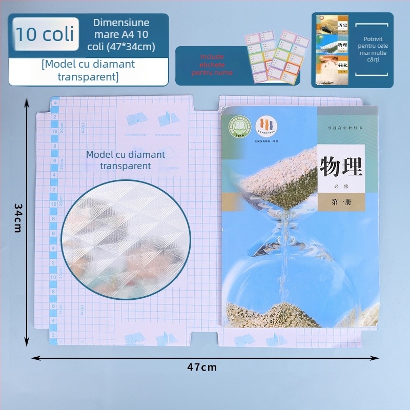 Husă de carte transparentă, autoadezivă, cu model diamant, rezistentă la apă și antiderapantă, cu adeziv pe bază de apă, pentru elevi