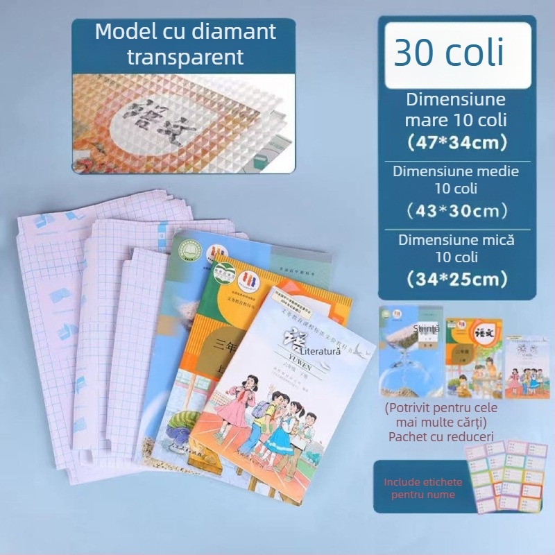 Husă de carte transparentă, autoadezivă, cu model diamant, rezistentă la apă și antiderapantă, cu adeziv pe bază de apă, pentru elevi