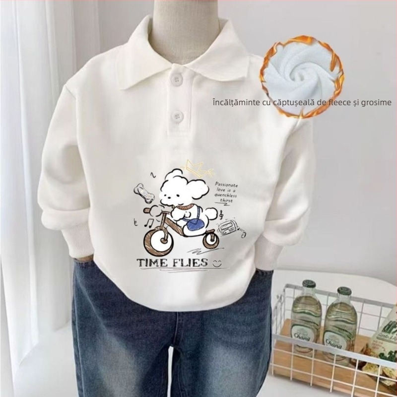 Tricou polo pentru copii, 95% bumbac, 5% elastan, interior fleece, mâneci lungi, unisex