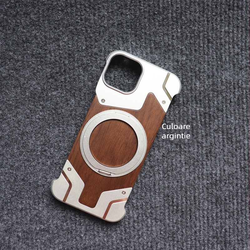 Carcasă metalică tip armură pentru iPhone 16/17 Pro Max, cu lemn de piersic — fără ramă, magnetism, design decupat, disipare a căldurii