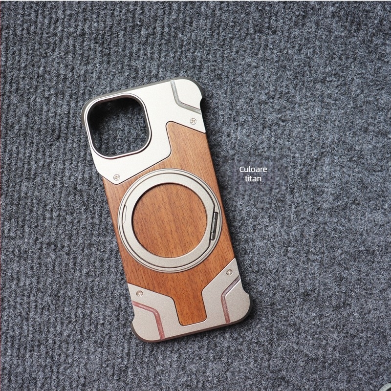 Carcasă metalică tip armură pentru iPhone 16/17 Pro Max, cu lemn de piersic — fără ramă, magnetism, design decupat, disipare a căldurii