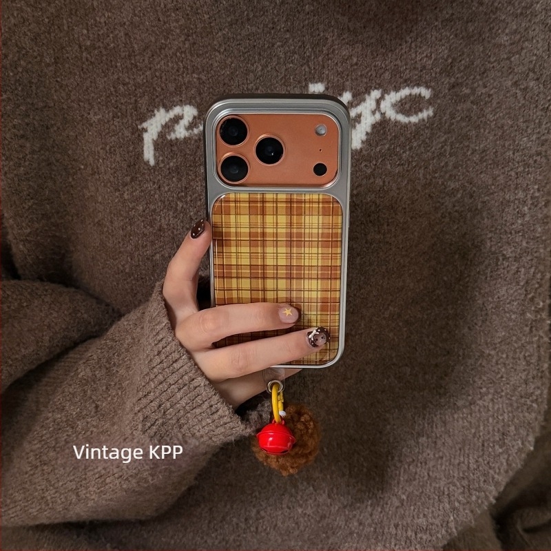 Husă pentru telefon cu model retro în carouri, în nuanțe portocaliu și albastru (Carcasă dură; Model gravat în relief; Protecție anti-cădere)