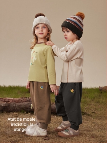 Beitaisi Pantaloni pentru copii cu căptușeală din fleece, țesătură din amestec de bumbac (85,1% bumbac), talie medie cu curea elastică