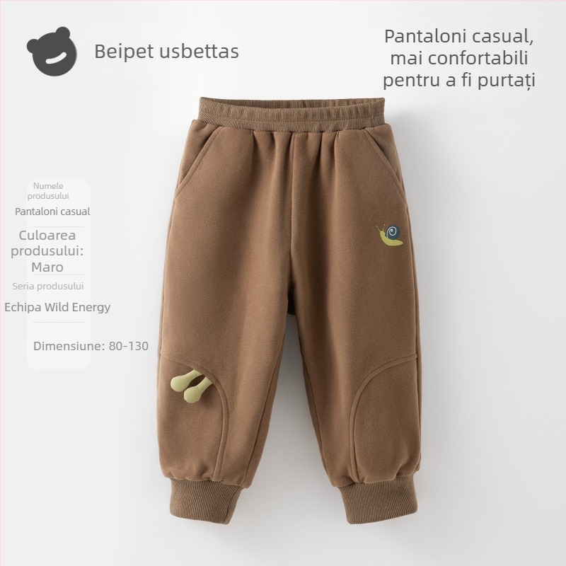Beitaisi Pantaloni pentru copii cu căptușeală din fleece, țesătură din amestec de bumbac (85,1% bumbac), talie medie cu curea elastică