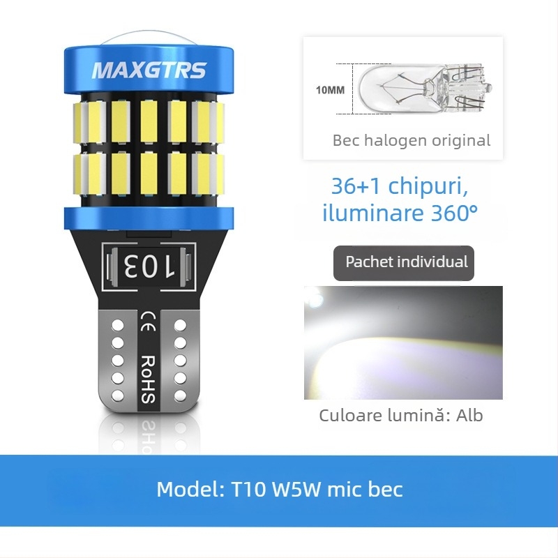 Lampă LED T10 pentru lumină plăcii de înmatriculare, lentilă de înaltă iluminare, bază W5W (12V, 5000 lm)