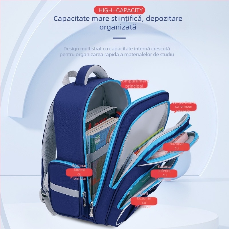 Rucsac școlar pentru copii 6–12 ani, ușor, cu protecție pentru coloana și reducerea încărcăturii, capacitate mare, material Oxford, curele de umăr curbate