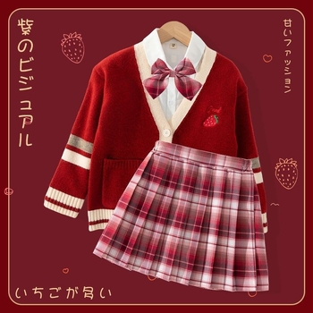 Costum fetițe cu fustă în stil colegiu pentru iarnă, set din trei piese (fustă, sacou, pulover cu mâneci lungi), material bumbac-poliester, model grilă, pentru copii 3–8 ani.