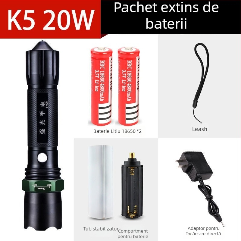Lanternă reîncărcabilă cu lumină laser de mare intensitate, rază lungă, 30W, aliaj de aluminiu, alimentare pe baterie, multifuncțional pentru autoapărare