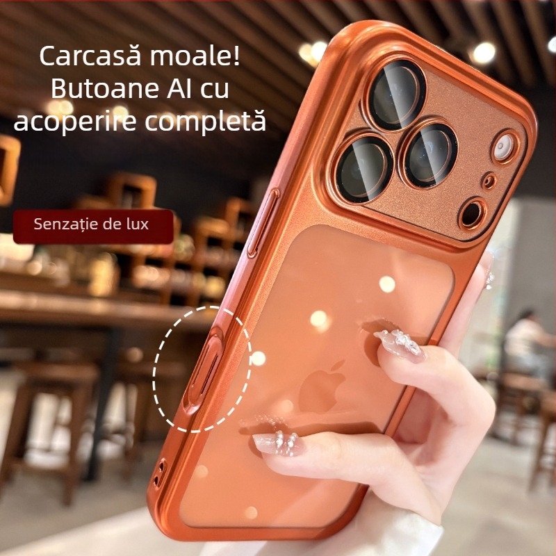Carcasă din silicon transparentă, mată, cu finisaj electroplatinat pentru iPhone 17 Pro / Pro Max, cu folie de protecție pentru obiectiv