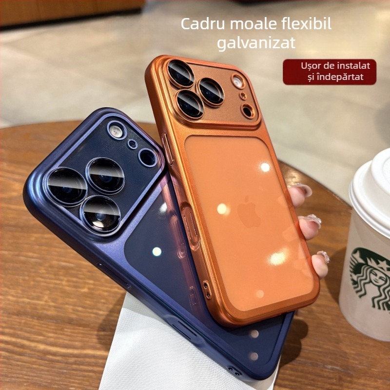 Carcasă din silicon transparentă, mată, cu finisaj electroplatinat pentru iPhone 17 Pro / Pro Max, cu folie de protecție pentru obiectiv