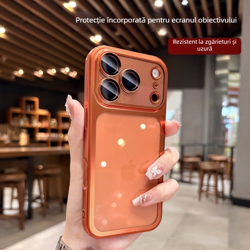 Carcasă din silicon transparentă, mată, cu finisaj electroplatinat pentru iPhone 17 Pro / Pro Max, cu folie de protecție pentru obiectiv