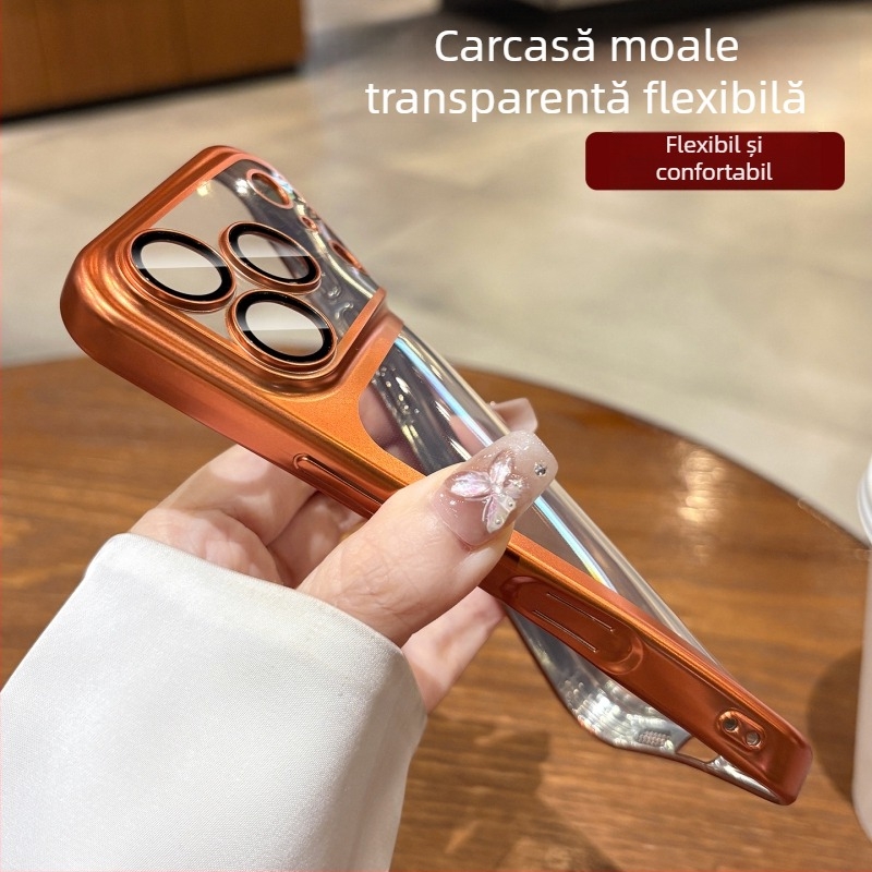 Carcasă din silicon transparentă, mată, cu finisaj electroplatinat pentru iPhone 17 Pro / Pro Max, cu folie de protecție pentru obiectiv