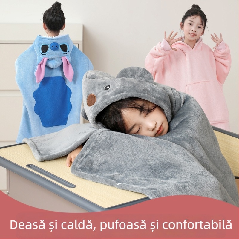 Pelerină-pătură pentru somn copii – fleece gros de iarnă, fibră poliester, 350 g, toamnă-iarnă, model animație