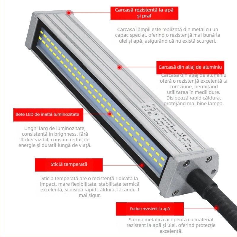 Lampa LED de lucru pentru mașini-unelte, braț lung, impermeabilă, bază magnetică, 220V/24V/36V