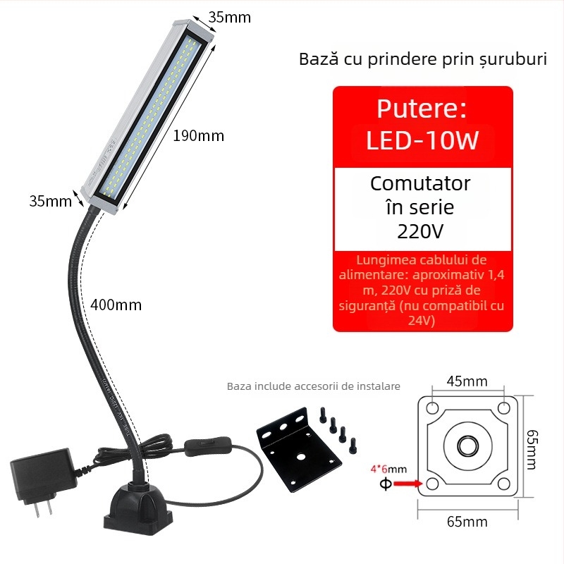 Lampa LED de lucru pentru mașini-unelte, braț lung, impermeabilă, bază magnetică, 220V/24V/36V