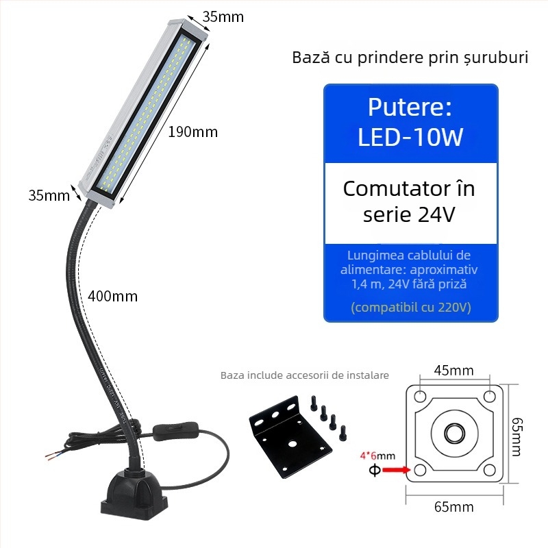 Lampa LED de lucru pentru mașini-unelte, braț lung, impermeabilă, bază magnetică, 220V/24V/36V