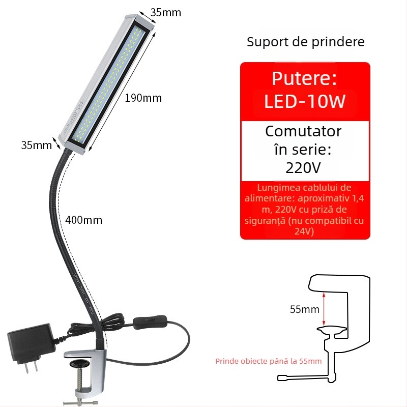 Lampa LED de lucru pentru mașini-unelte, braț lung, impermeabilă, bază magnetică, 220V/24V/36V