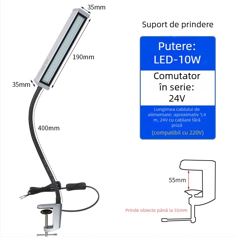 Lampa LED de lucru pentru mașini-unelte, braț lung, impermeabilă, bază magnetică, 220V/24V/36V