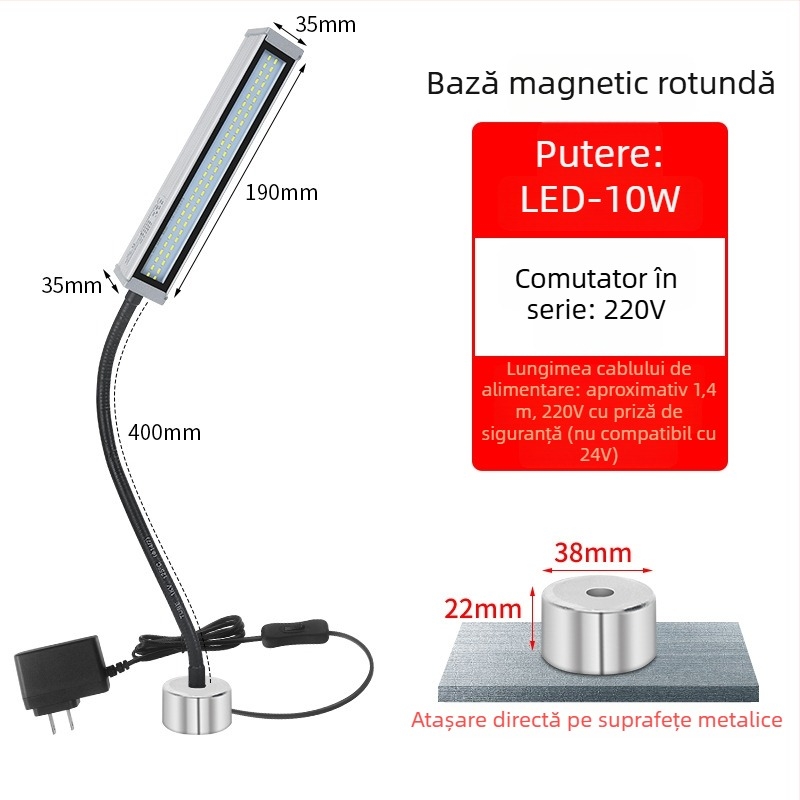 Lampa LED de lucru pentru mașini-unelte, braț lung, impermeabilă, bază magnetică, 220V/24V/36V