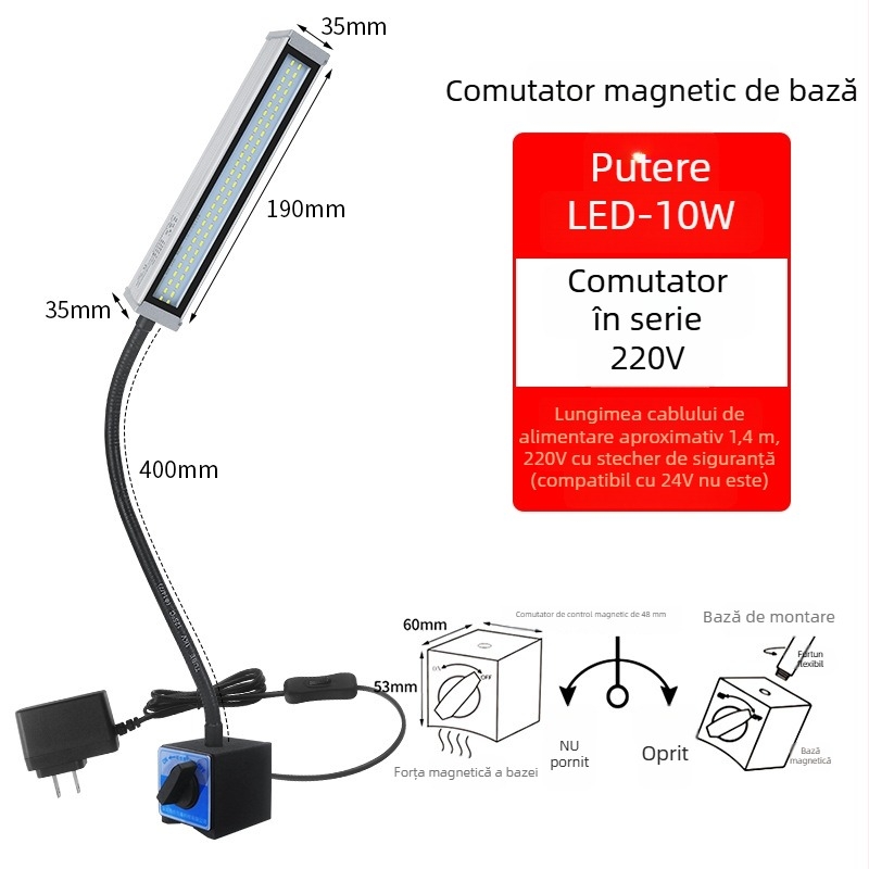 Lampa LED de lucru pentru mașini-unelte, braț lung, impermeabilă, bază magnetică, 220V/24V/36V