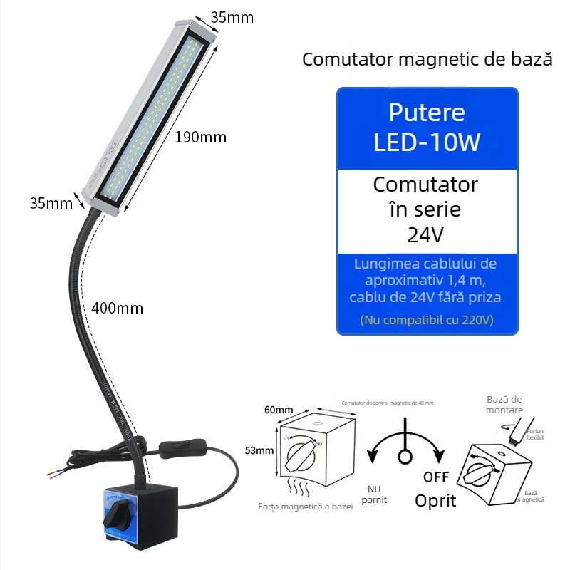 Lampa LED de lucru pentru mașini-unelte, braț lung, impermeabilă, bază magnetică, 220V/24V/36V