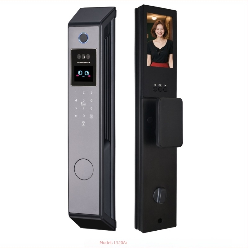 Încuietoare AI Smart cu recunoaștere facială, amprentă și parolă, control vocal și monitorizare în timp real — Model 520ai, timp de scanare <0.0001 s, alimentare AC, durată de viață 30 de ani, deblocare la distanță