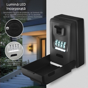 Cutie pentru chei iluminată cu LED și parolă, montată pe perete, impermeabilă, alimentată cu baterii, pentru depozitarea cheilor, cardurilor și USB-urilor